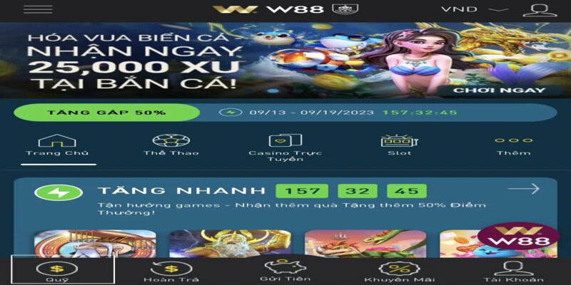 Nhấn vào nút quỹ để kiểm tra tiền WW88